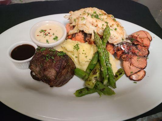 Surf & Turf-
Beef Tenderloin, Lobster Tail, Mashed Potato, Grilled Asparagus.