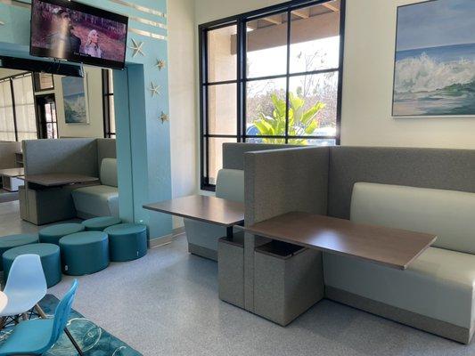 Waiting room work stations with outlets to plug in your electrical devices!