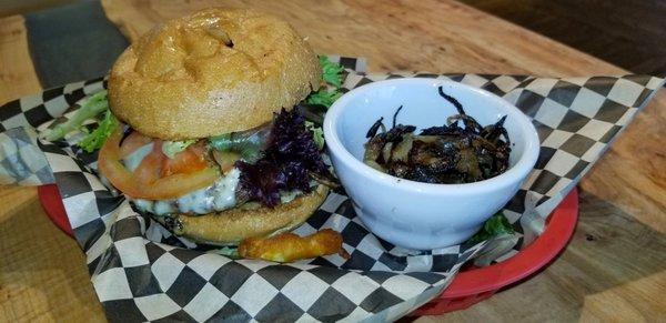 BBQ cheese curd burger with carmelized onions.