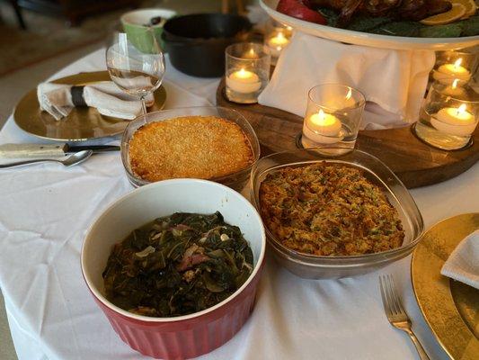 Collard greens, stuffing and mac and cheese.