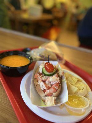 Hot lobster roll, lobster stew, and blueberry pie