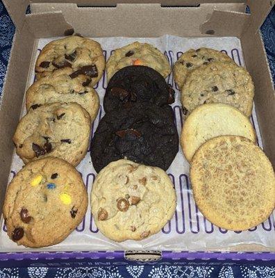 12-pack of cookies (chocolate chip, m&m, double chocolate chunk, oatmeal raisin, sugar, snickerdoodle)