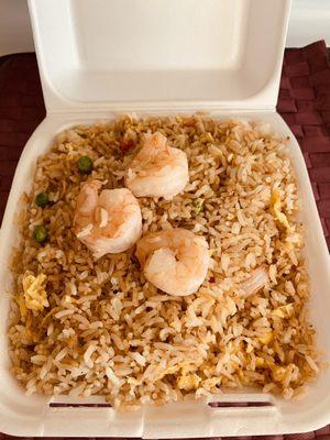 One single order of Shrimp Fried Rice with eggs, peas, and carrots.