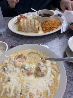 Chimichanga, shrimp and grits