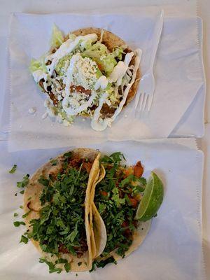 Chicharron tostada on top, shredded beef taco bottom left, al pastor taco bottom right.