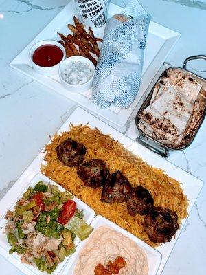 Everything we had, very good Lamb Kofta Kabob Platter Lamb Shawarma Roll Up