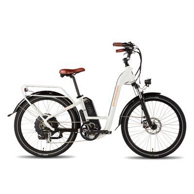 Rad Bike's 3rd gen radcity has 45 mile range, 20+ mph, regen braking, disc brakes, on board phone charger, rear bags, front basket, cup hold