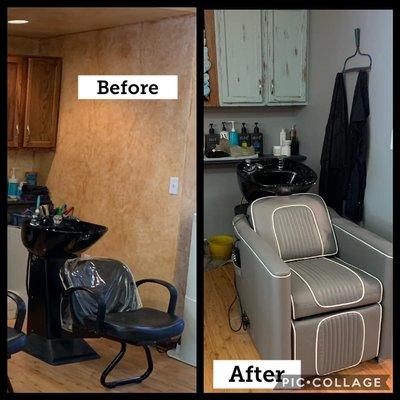 Our beautiful new shampoo area with reclining roller back massage chairs.