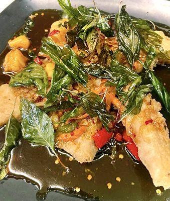 Catfish with Basil Sauce.