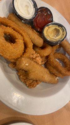 The appetizer. Mozzarella stick. Fried chicken and onion ring.