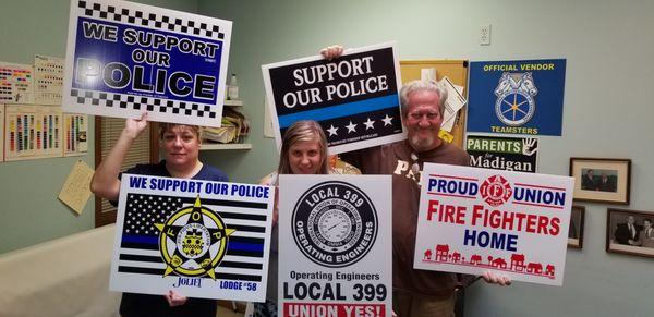 Signs Supporting Police, Fire and Unions