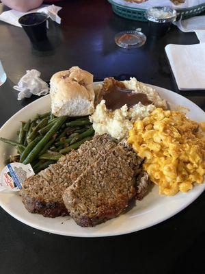 Tuesday special,Meatloaf, mac & Cheese  Green beans, mashed potatoes and gravy, Last but not least dinner roll.