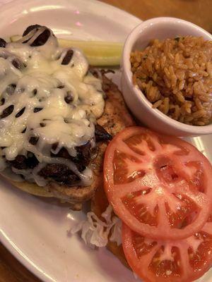 Huge, delicious Mushroom Jack Chicken Sandwich with Seasoned Rice. Yum!