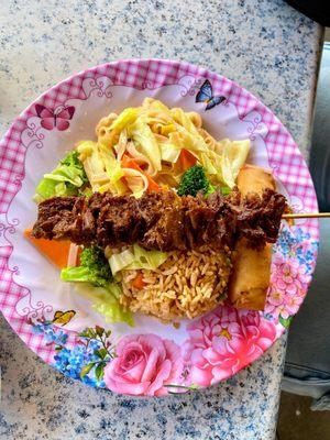 Vegan kabob with egg-less egg roll, noodles, and brown rice