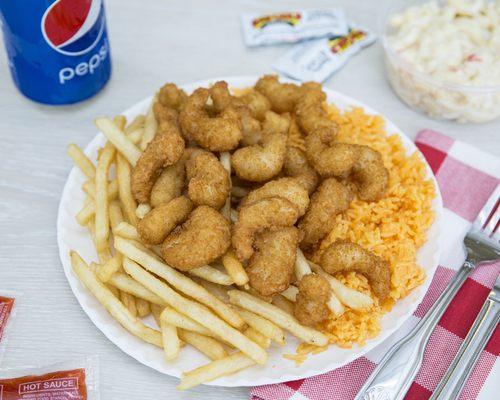 Basket shrimps Half rice half french fries yummy!!