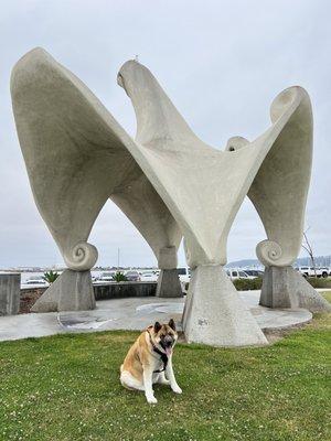 Zelda posing with the sculpture.