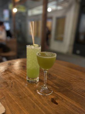 Front: Green Goddess(Gin, rhubarb, citrus, matcha green tea) Back: Jetset(Vodka, cucummber, citrus, sode)