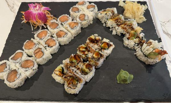 Salmon rolls, eel roll and shrimp tempura roll