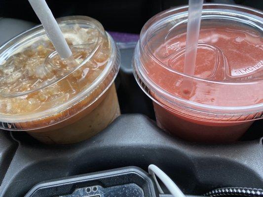 Iced Caramello Leche and Strawberry Mango Smoothie