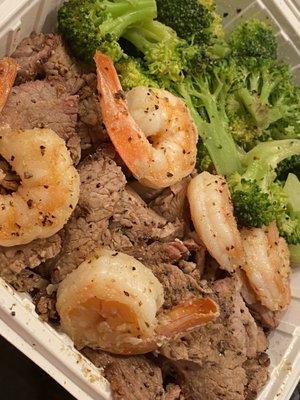 Steak, garlic shrimp & Steamed Broccoli; no rice & no salad