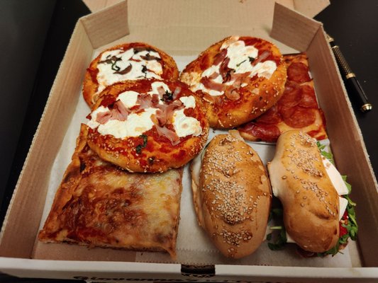 Pizza slice, mini pizzas and sandwiches