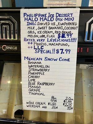 Halo-Halo and snow cone menu