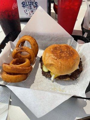 Sandlot burger and onion rings.