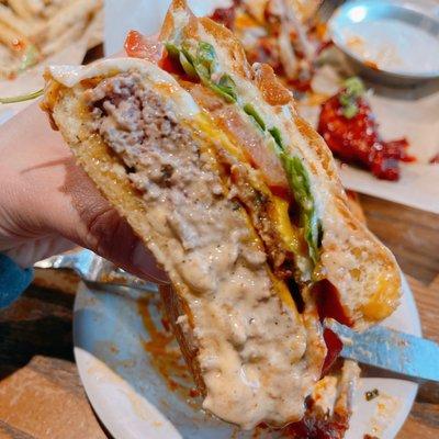 Cross section of a dressed Brunch Burger