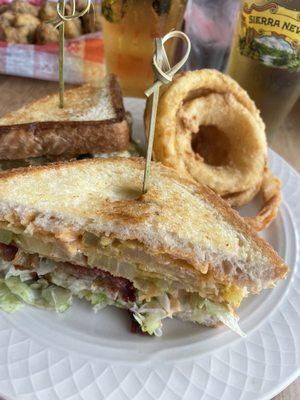 BLT with fried green tomatoes. Onion rings for side.