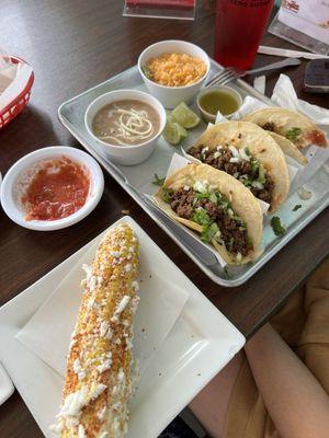 Street corn, ground beef tacos