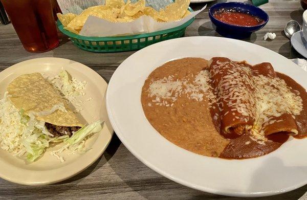 #1. 1 Piece Taco, 2 Pieces Enchiladas with Beans Combo