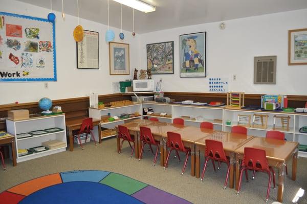 Our Pre-Kindergarten and Kindergarten classroom containing more complex Montessori math and language material.