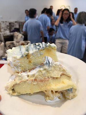 A slice inside the durian cake: chunky yet creamy