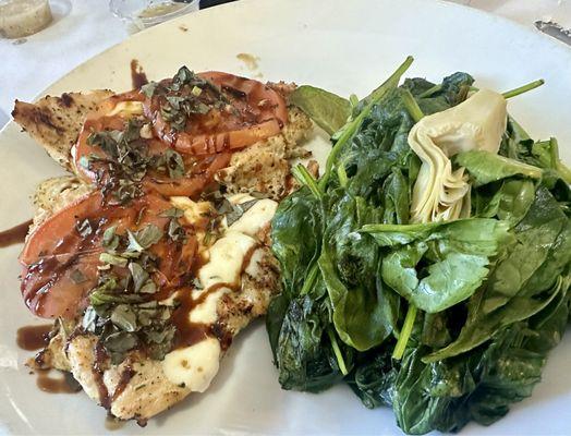 Chicken Caprese with sautéed spinach (and artichoke hearts)