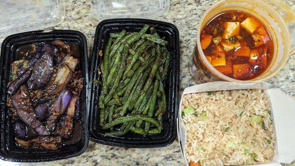 Spicy eggplant, green beans, mapo tofu, and fried rice