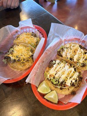 Tex-Mex arrachera and chorizo taco and asada taco with lettuce and cheese for my picky boyfriend