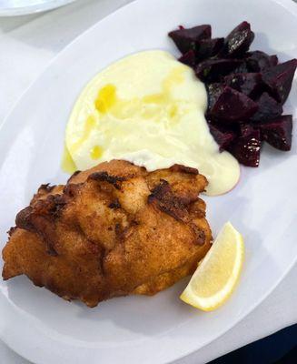 Fried cod with skordalia and beets.