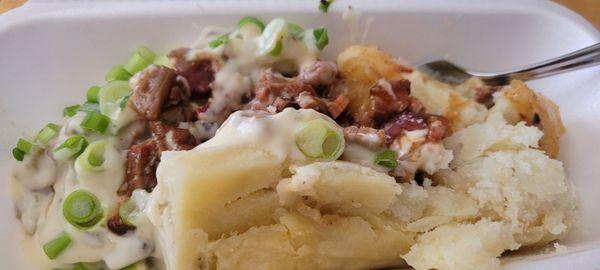 Brisket Texas Taters with queso and green onions.