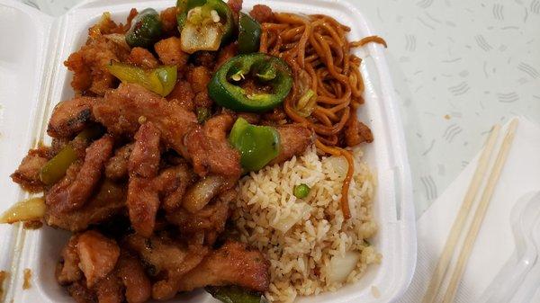 2-entree combo, with half & half rice + noodles, hibachi chicken, and jalapeño chicken.