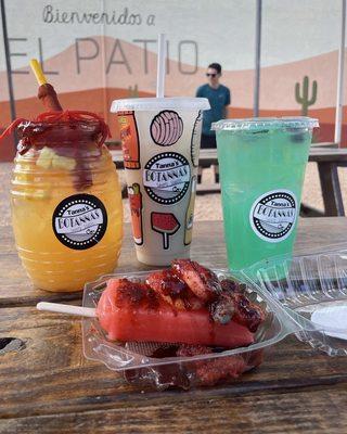 Piña, Horchata, and Blue Lagoon Aguas Frescas along with a Watermelon Crazy Paleta