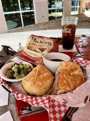 French dip with chips and broccoli salad