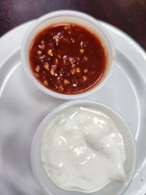 Spicy sauce and tzatziki