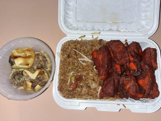 Dim sum and spare rib tips with pork fried rice