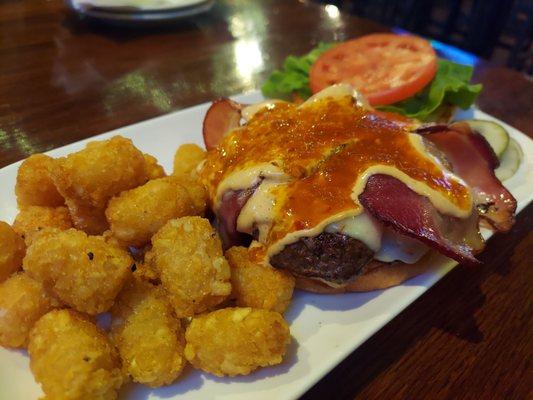 Heater burger with tater tots- and yes it's very spicy!