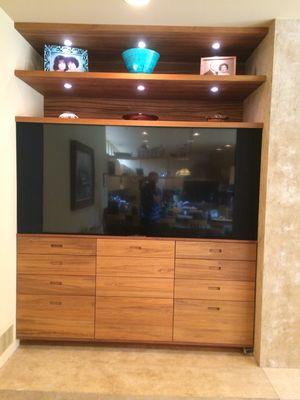 Entertainment cabinet on teal wood.