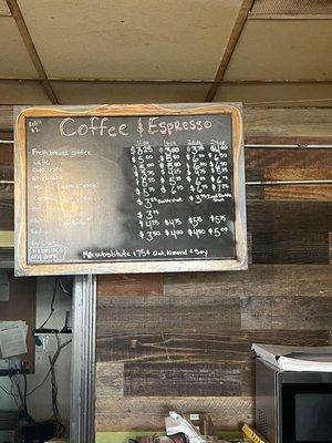 Coffee menu