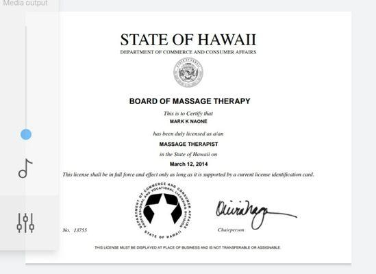 Professionally Licensed by State of Hawaii