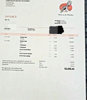 After the remaining 2 bdrms were completed I paid the balance of $5700 on 7/22/22, received this addl. bill after job was completed.