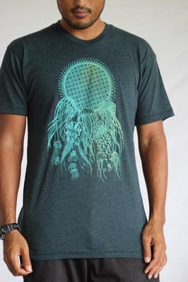 Jellyfish men's Tee on dark Aqua.