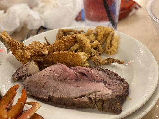 Prime rib, fried shrimp, and fried calamari.